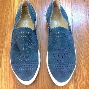 Seychelles Blue Suede laser cut out slip on sneakers size 6.5